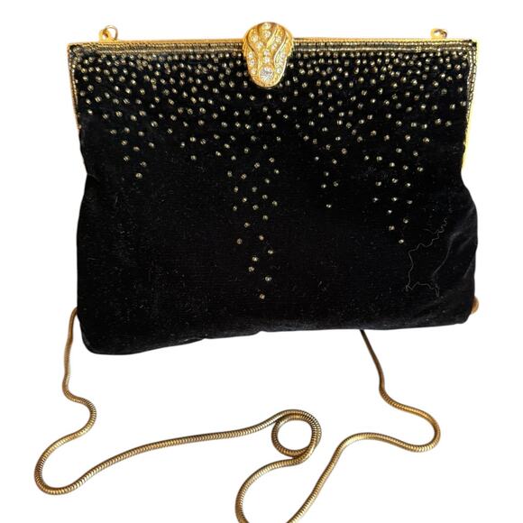 Vintage Velvet Evening Bag Gold Snake Chain and Stunning beaded detail - Picture 1 of 4